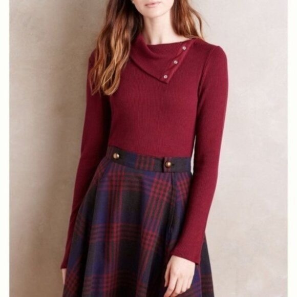 Anthropologie Burgundy Ribbed Button-Detail Cowl Neck Long Sleeve Top - Picture 1 of 5